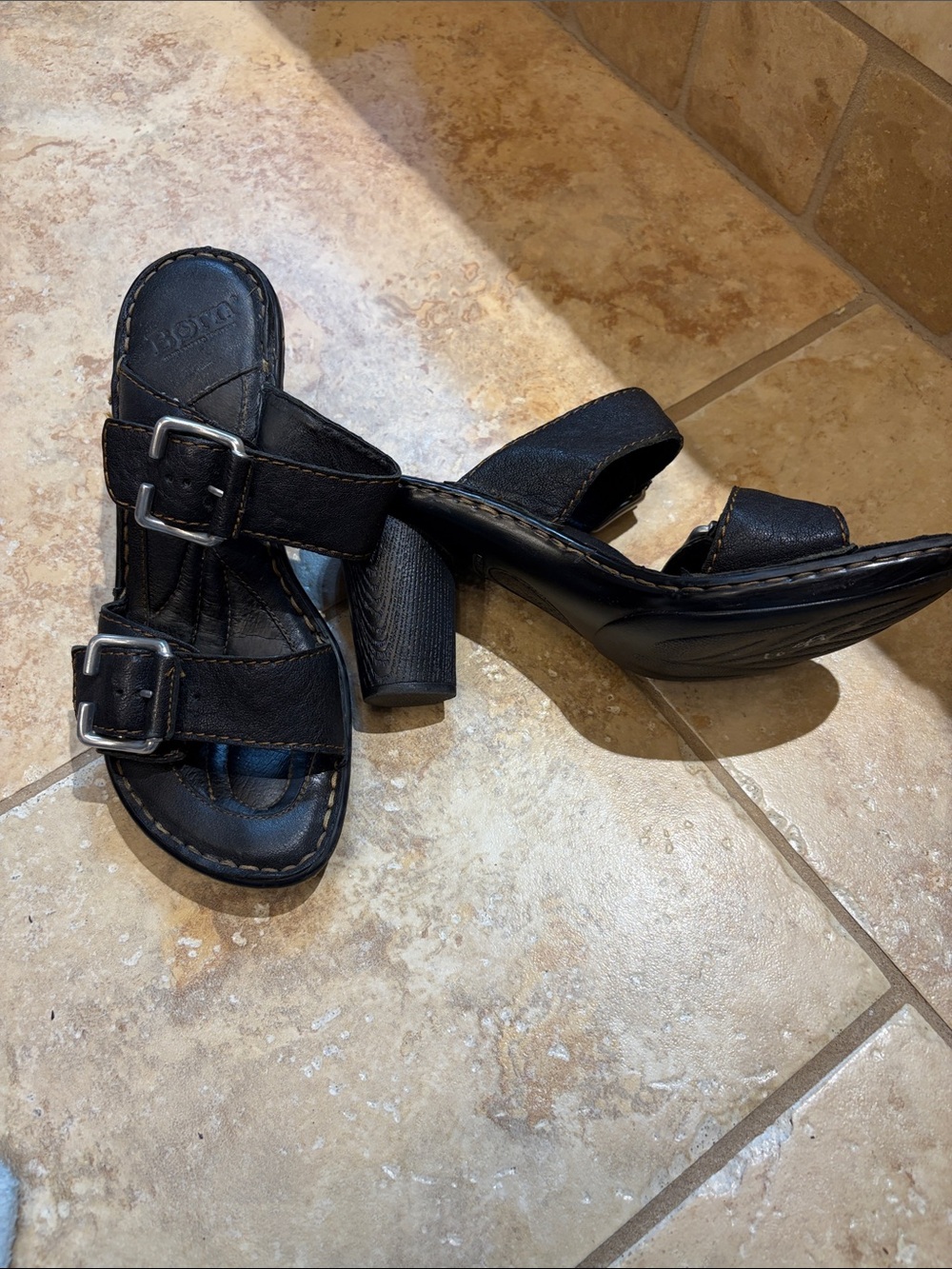 Born Black Leather Buckle Mule Heels